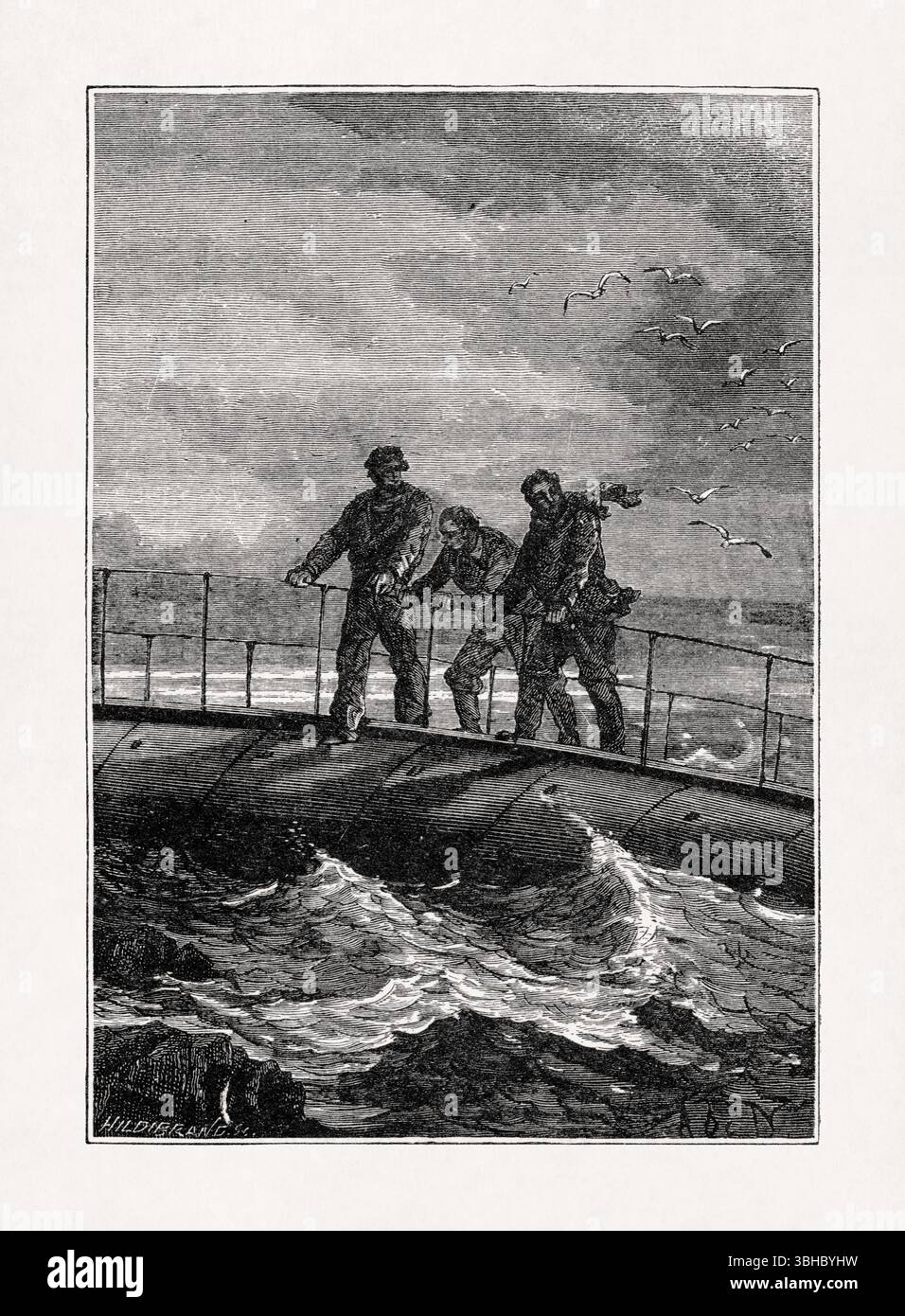 Illustration von Alphonse de Neuville, die den Nautilus nach dem Aufprall auf den flachen Meeresboden aus dem Buch „Twenty Thousand Leagues Under the Seas“ von darstellt Stockfoto