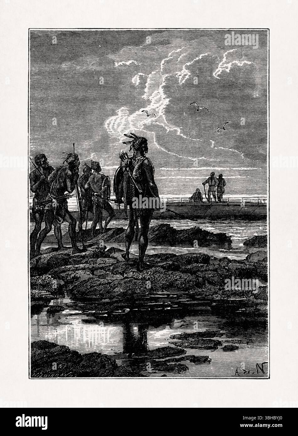 Illustration von Alphonse de Neuville, in der die Eingeborenen in der Nähe des Nautilus herumstreiften, nachdem dieser auf den flachen Meeresboden getroffen wurde, aus dem Buch „Twenty Thousand Leagu“ Stockfoto