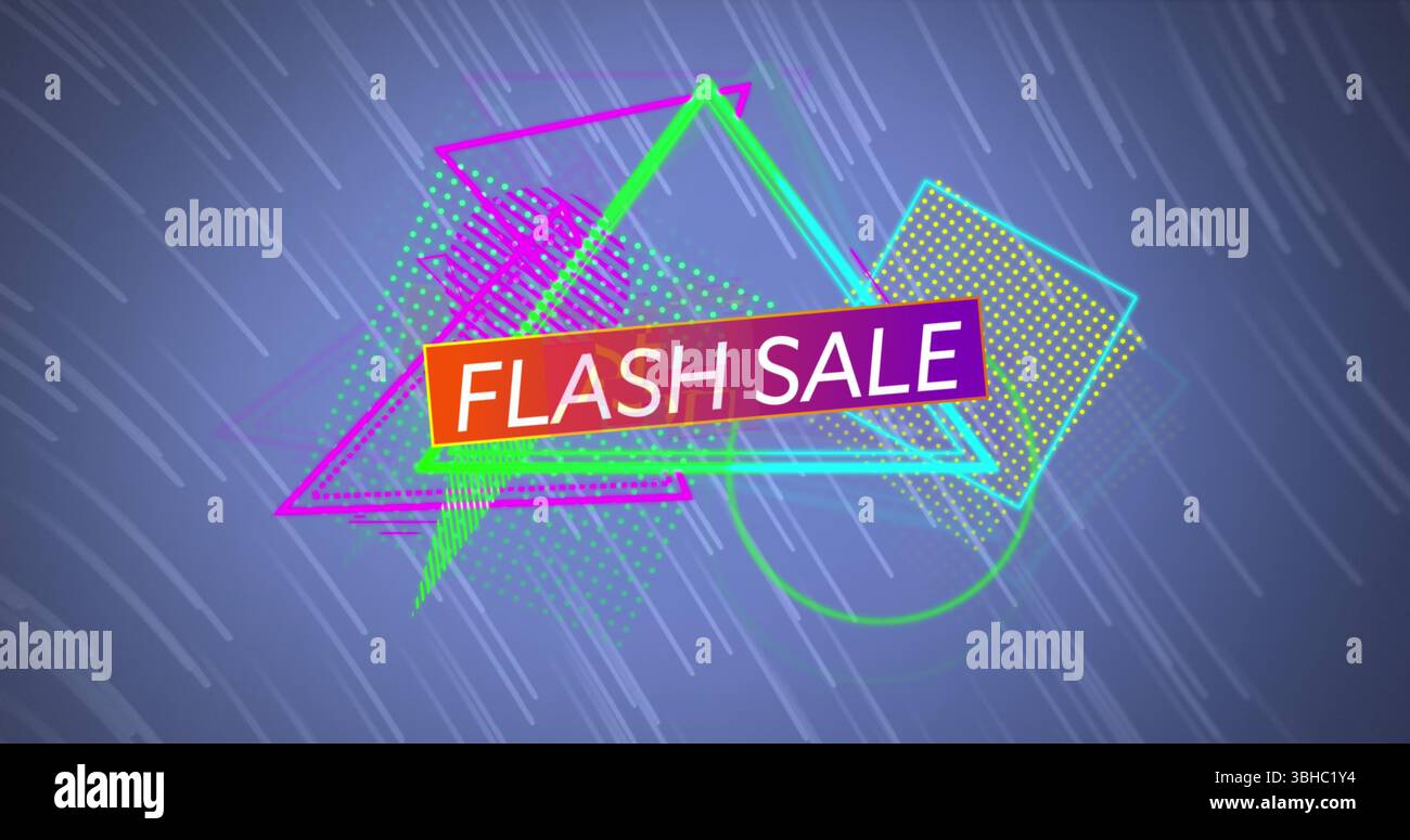 Mit grafischen animierenden Neonformen vor Hintergrund eines Farbverlaufs und FLASH-WERBEBANNER. Lebendig, futuristisch, geometrisch, digital, energiegeladen, Abstra Stockfoto
