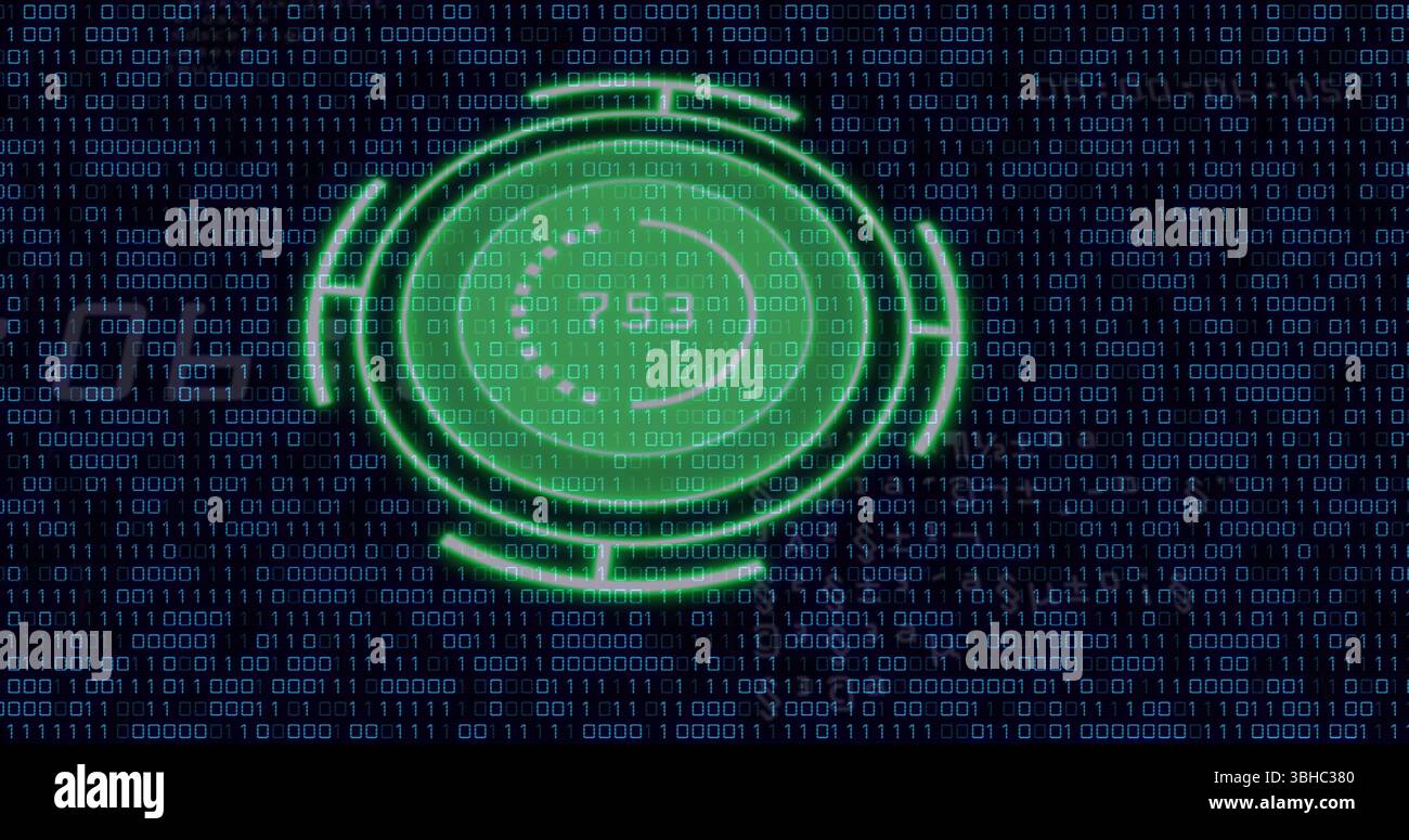 Abbildung eines grünen Kreises mit Zahlen über Binärcode. Computer, Datenverarbeitung und Technologiekonzept digital generiertes Bild. Stockfoto