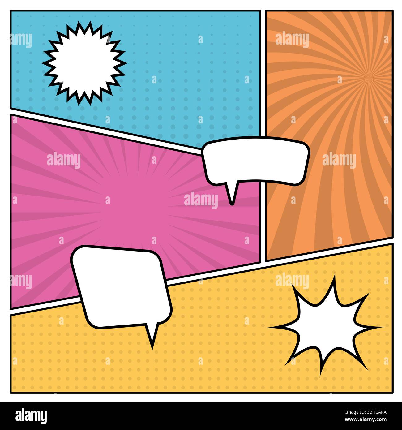 Farbenfroher Hintergrund der Comic-Seite im Pop-Art-Stil mit leeren Sprechblasen. Vorlage mit Rays- und Punktmuster. Vektorabbildung Stock Vektor Farbenfroher Hintergrund der Comic-Seite im Pop-Art-Stil mit leeren Sprechblasen. Vorlage mit Rays- und Punktmuster. Vektorabbildung Stock Vektor