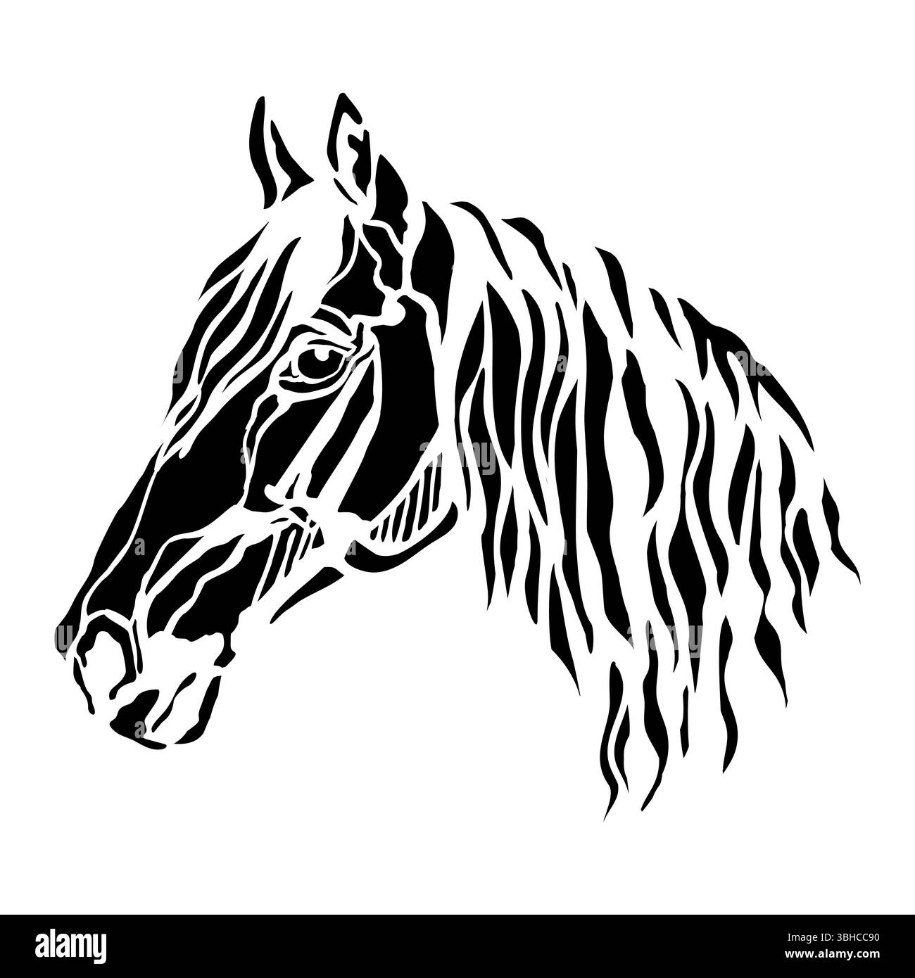 Vektorsilhouette der isolierten Schablone und Illustration des Pferdekopfes. Schönes schwarzes Pferdeporträt auf weißem Hintergrund. Für Stickerei, Logo, Stock Vektor