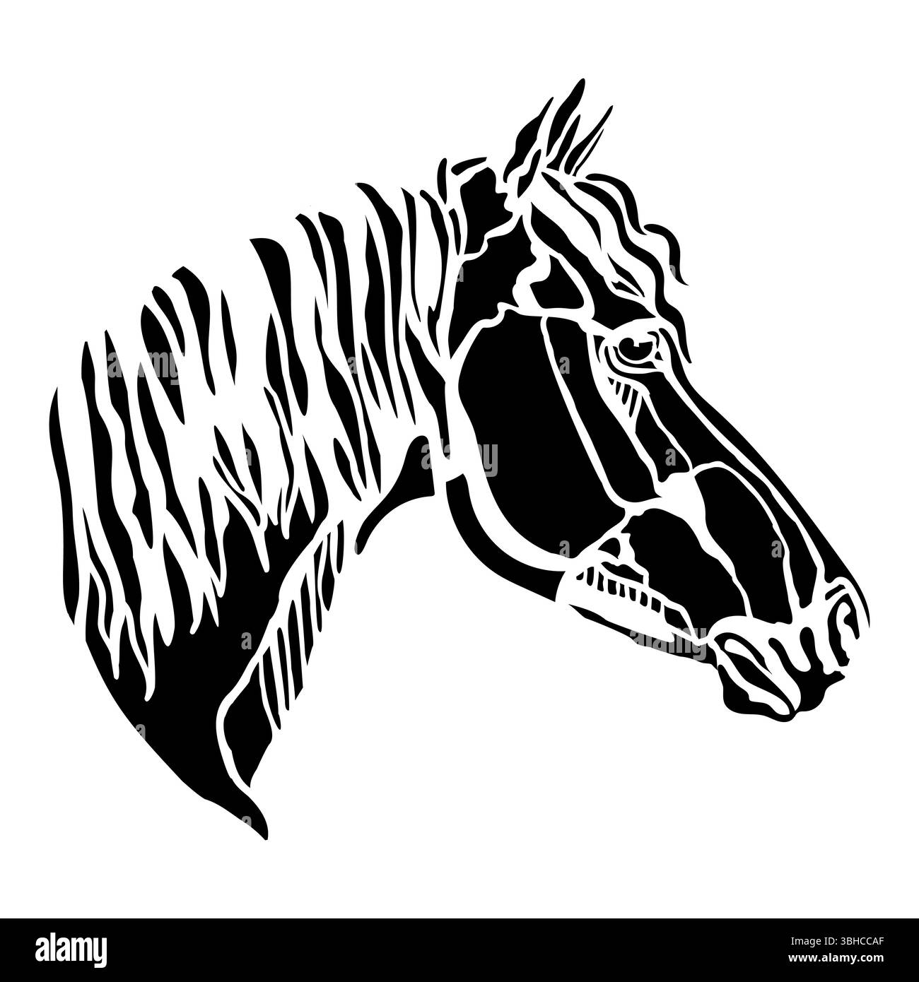 Silhouette des Pferdekopfes. Vektor schöne Illustration des schwarzen Pferdeporträts lokalisiert auf weißem Hintergrund. Schablone zum Sticken, Logo, d Stock Vektor