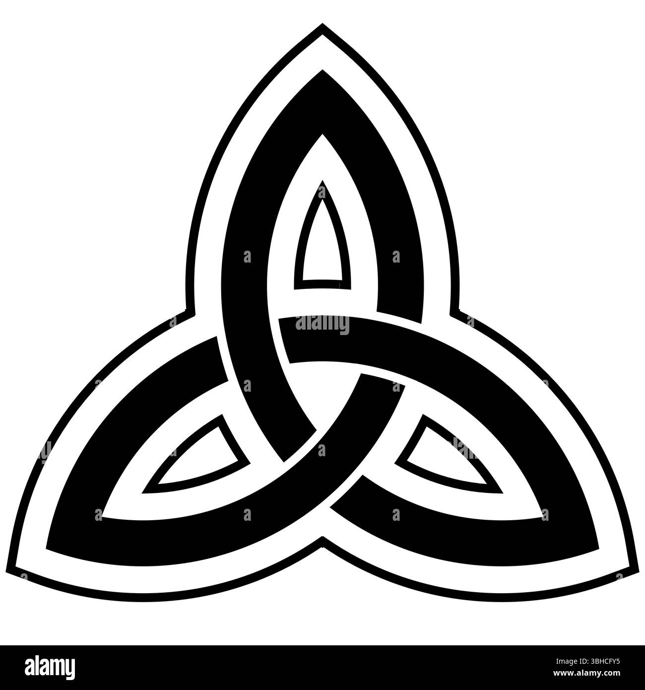 Triquetra Ornament - Schwarz-weiß-Vektor-Illustration der mittelalterlichen Rune, Dreiecksknoten Dreiecksfigur bestehend aus drei verschachtelten Bögen Stock Vektor