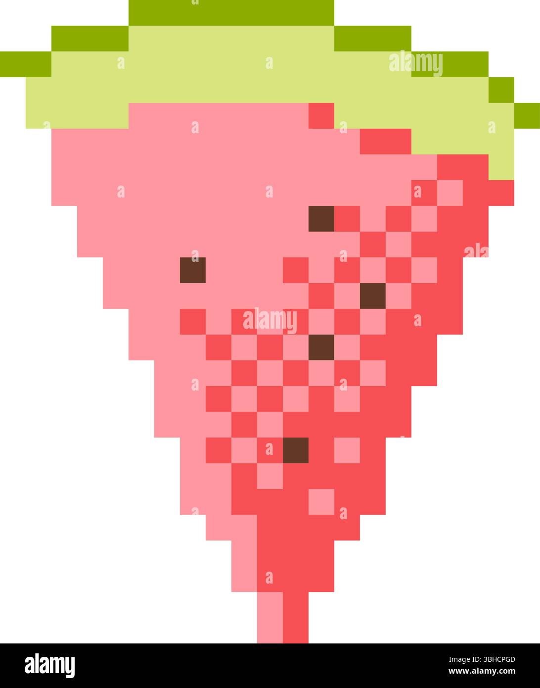 Saftige Wassermelonenscheibe im Pixel-Art-Stil. Lustige und farbenfrohe Obstillustration für Sommerdesigns, Spiele, Ikonen oder digitale Aufkleber. Stock Vektor