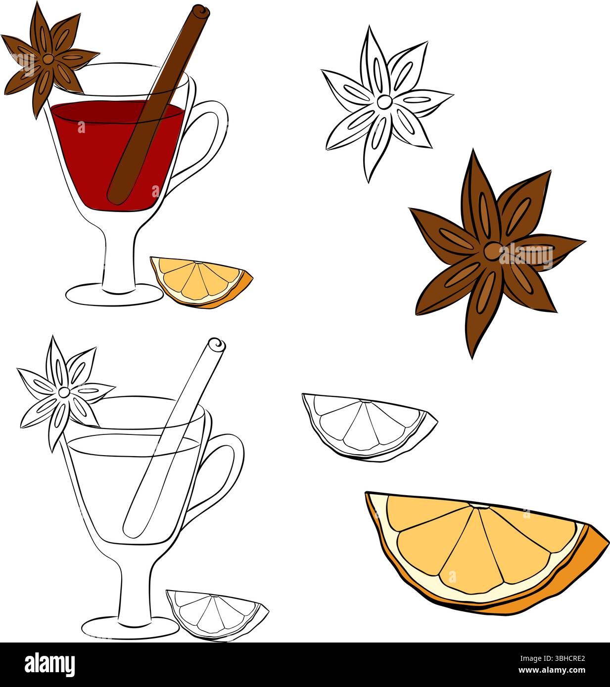 Heißer Glühwein mit Zimt, Sternanis und Orange Vektor-Grafik-Linie Tusche Illustration. Heißgetränk mit Zitrusfrüchten und Gewürzen Symbol isoliert auf einem weißen B Stock Vektor