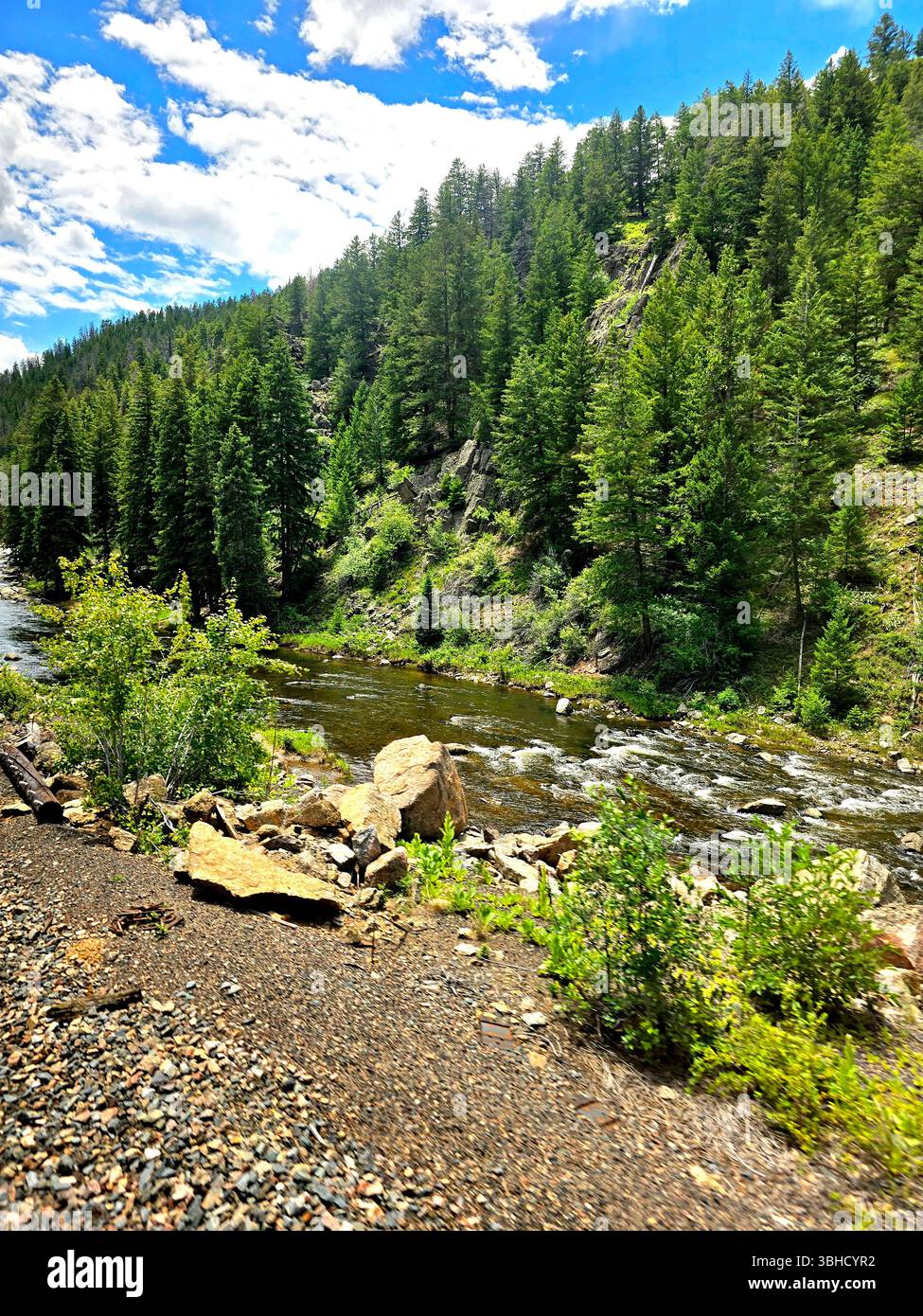 Steile Felsformationen und ein wilder Fluss, der durch eine sonnendurchflutete Schlucht in den Highlands von Colorado schlängelt. - Smartphone-aufgenommenes Stockfoto