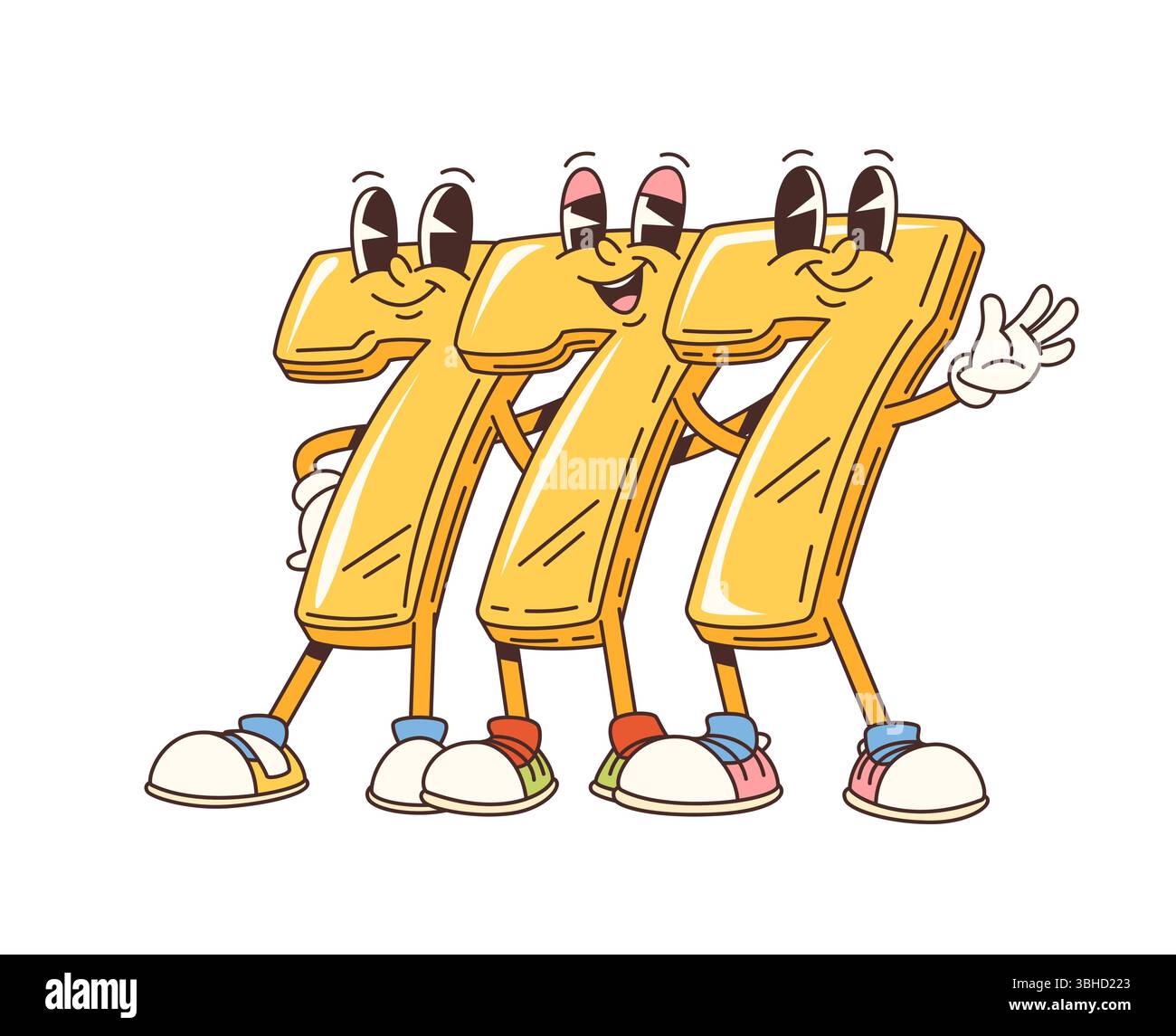 Grooviges Casino mit drei sieben Zeichen. Las Vegas Glücksspiel Jackpot Gewinn, Casino Roulette Spiel Glück und Sieg funky Vektor Persönlichkeiten. Drei goldene sieben fröhliche Figuren stehen zusammen Stock Vektor