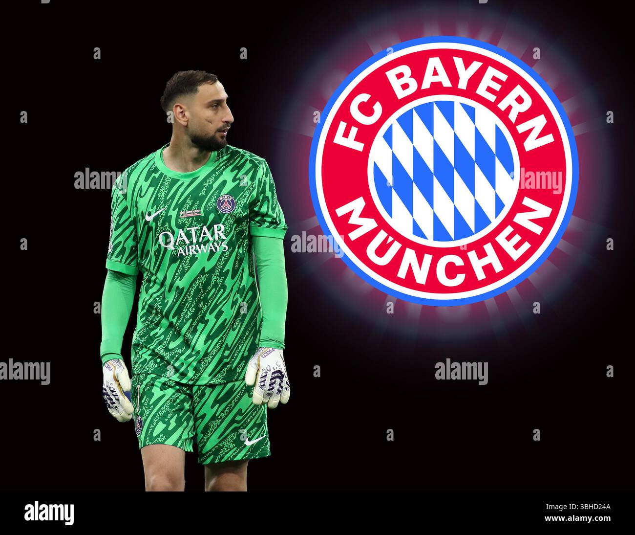 ! Achtung Fotomontage! Hier im Bild Torhüter Gianluigi Donnarumma (FC Paris Saint-Germain) der laut einigen Medienberichten u.a. auch mit dem FC Bayern München in Verbindung gebracht wird, Gerücht, möglicher Transfer, Wechsel, oben rechts das Logo des FC Bayern München Stockfoto