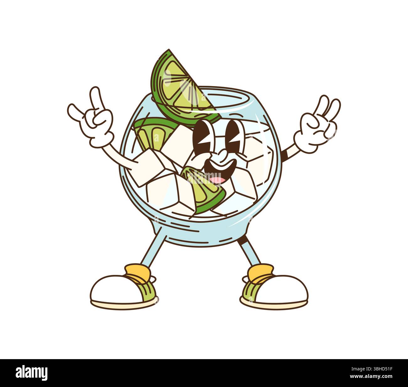 Cartoon grooviger Gin Tonic Glass Charakter. Alkoholgetränk mit Gin Tonic, Eiswürfeln und Limettenscheibe 60er Jahre groovige Vektorfigur oder Maskottchen. Bar-Cocktail oder Pub-Drink mit isoliertem Charakter Stock Vektor