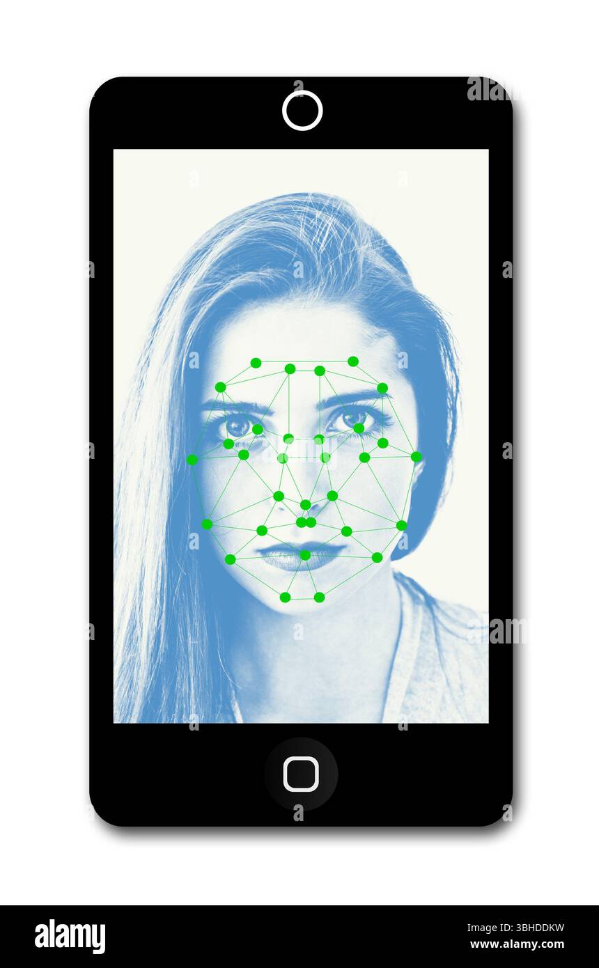 Smartphone mit Gesichtserkennungssoftware-App auf dem Bildschirm Stockfoto
