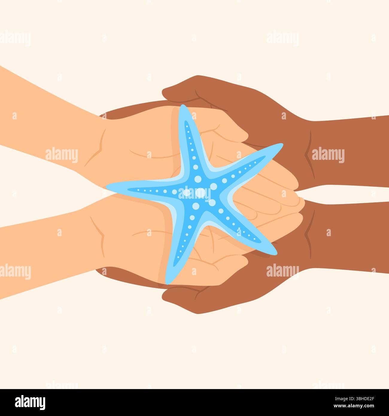 Zwei Handpaare in verschiedenen Hauttönen halten einen blauen Seestern, Draufsicht. Illustration des flachen Vektors Stock Vektor