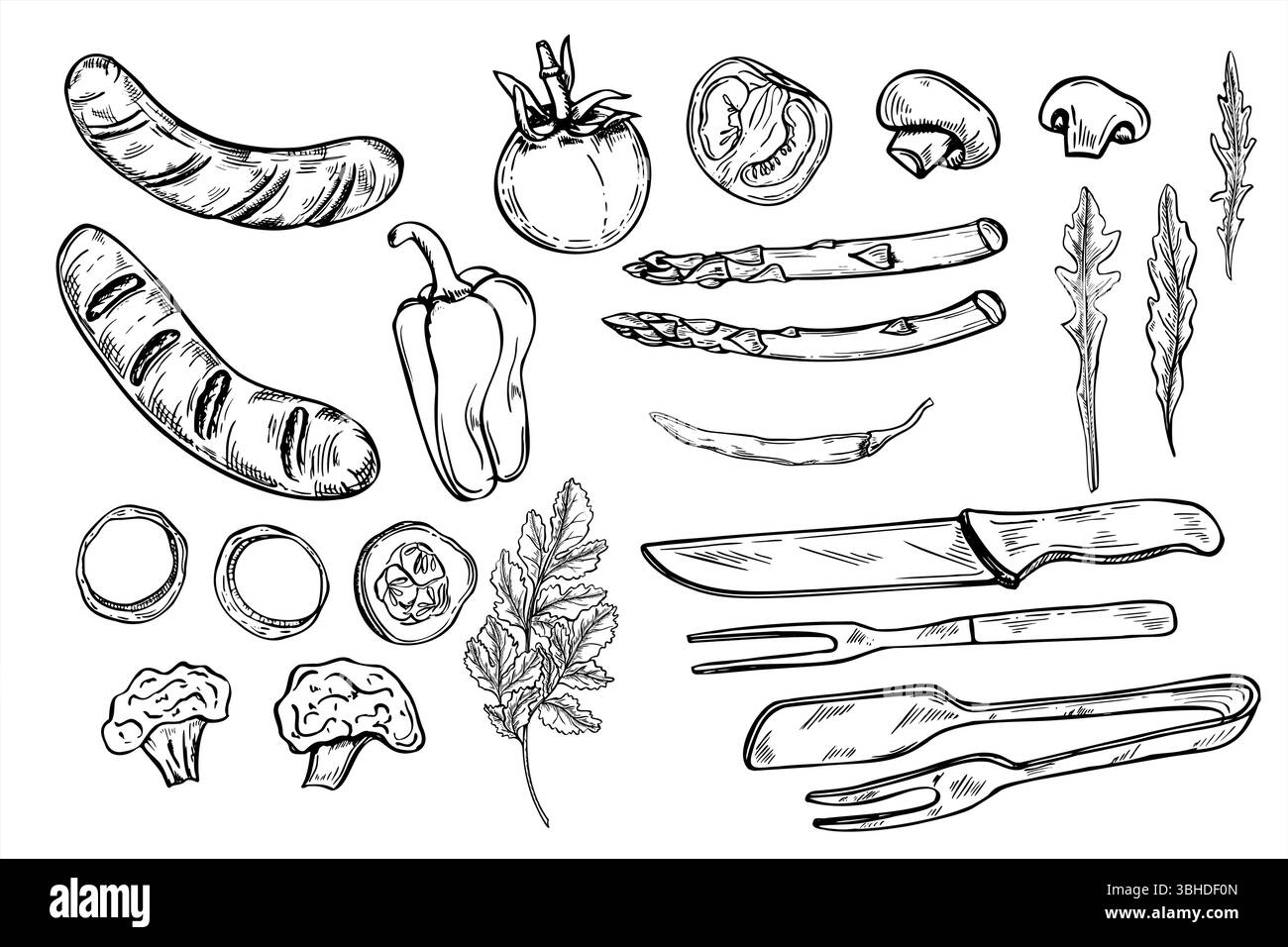 Barbecue Dinner Set mit gegrillten Würstchen, frischem Gemüse und Utensilien Vektor Illustration. Schwarzweiß Bratwurst oder Chorizo Griller Clip Art für Stock Vektor