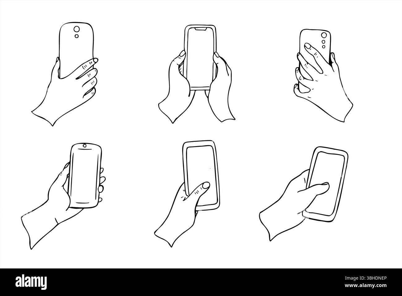 Monochrome Hand, die vertikal das Telefon hält, mit weißem Display Vektor isolierte Skizze, gemalt von schwarzen Tinten. Leeres SPICE auf Mobilgeräten für Text Stock Vektor