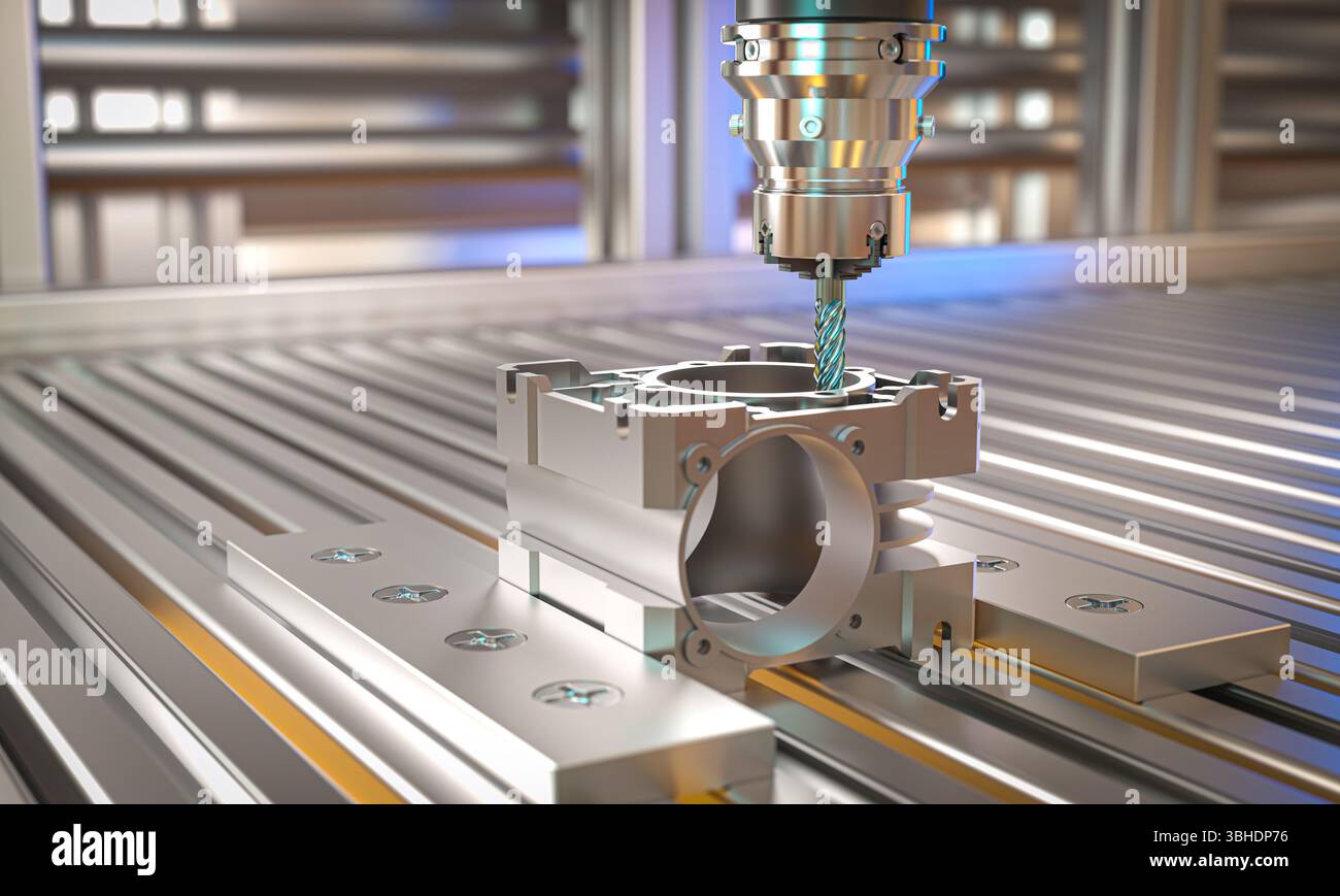 CNC-Maschine, die an Metalldetails in der Fabrikverarbeitung arbeitet 3D Stockfoto CNC-Maschine, die an Metalldetails in der Fabrikverarbeitung arbeitet 3D Stockfoto