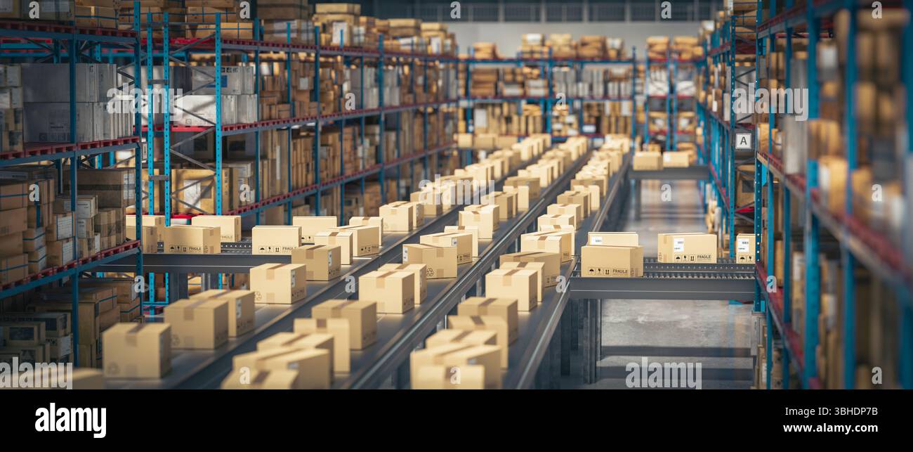 Kartonagen bewegen sich auf dem automatischen Förderband 3D Stockfoto