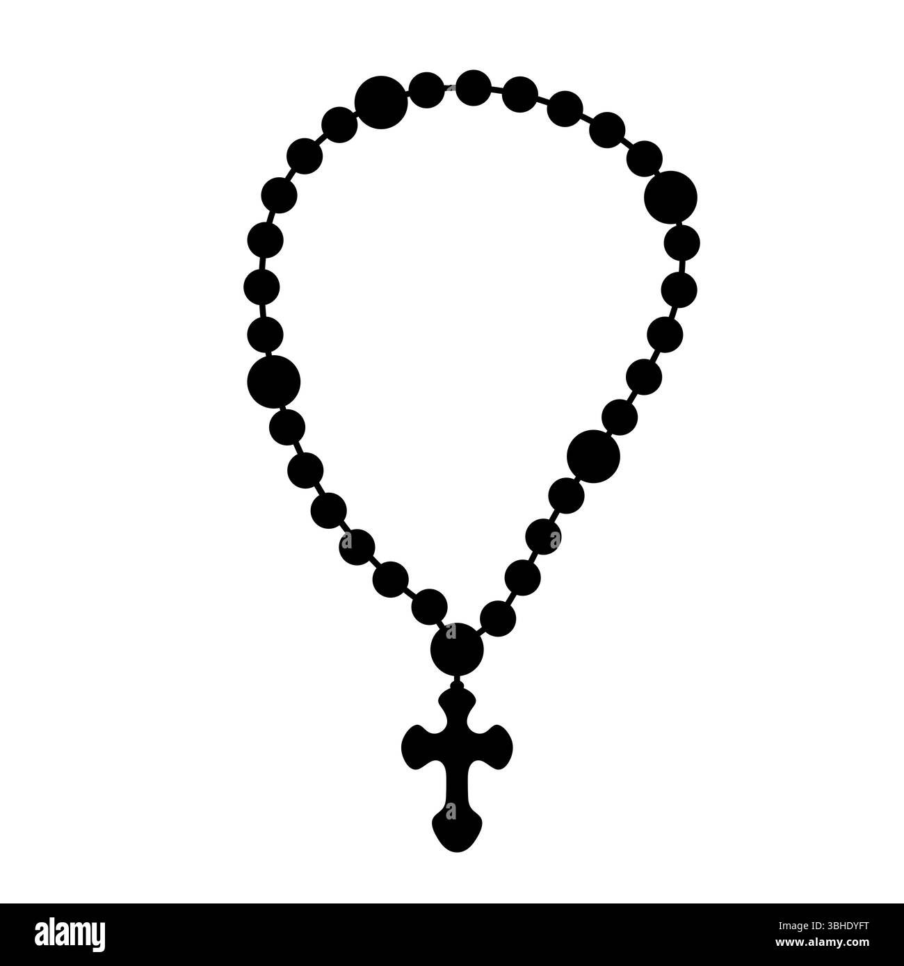 Silhouette von Rosenkranzperlen mit Kreuz. Eine traditionelle Rosenkranzkette. Das Design besteht aus einer Reihe von runden Perlen und einem dekorativen Kreuz. Stock Vektor