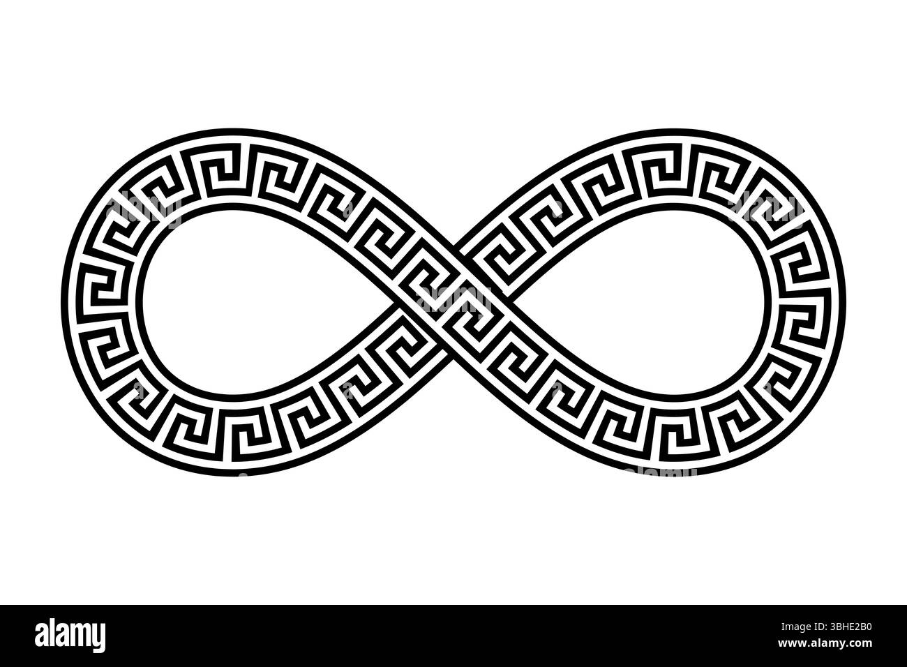 Infinity-Symbol mit nahtlosem Mäander-Muster. Überlappendes Band in Form einer liegenden Acht mit wiederholtem griechischen Schlüsselmotiv. Stockfoto