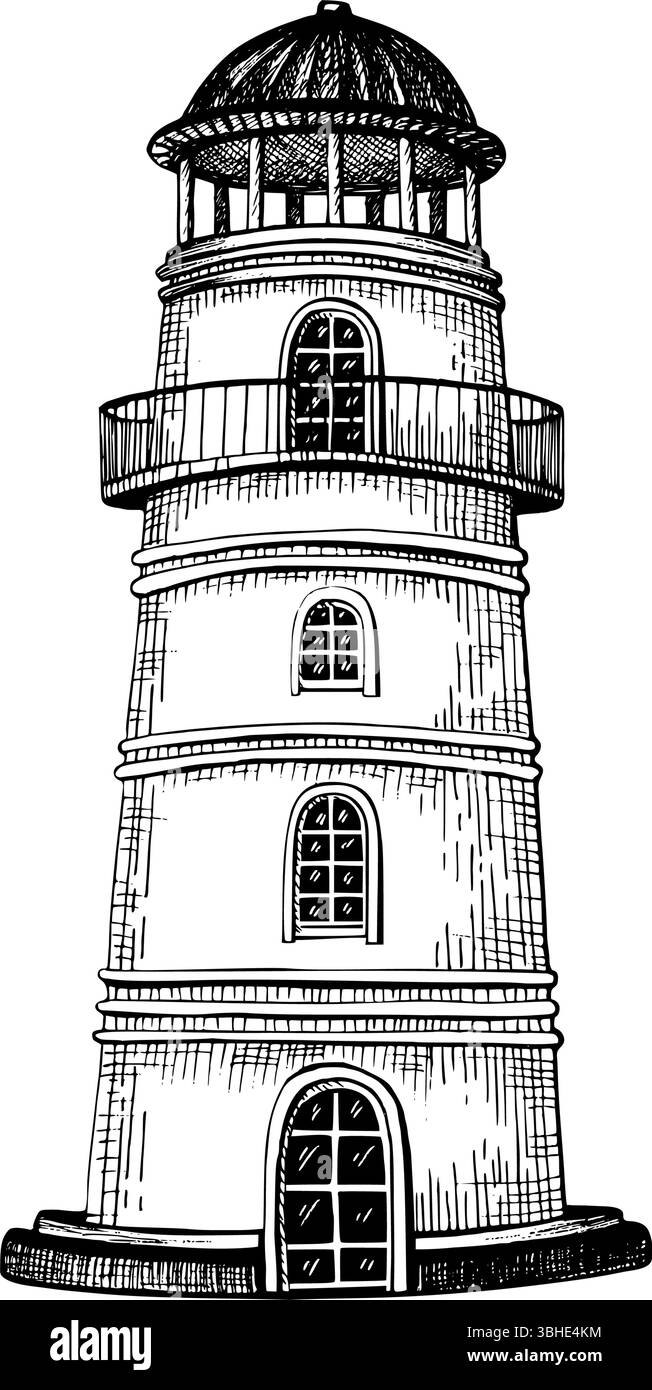 Ein klassischer Leuchtturm, der sich nach oben zu einem Kuppelraum verjüngt. Mit Bogenfenstern, Balkongeländer und stabilem Sockel. Handgezeichnete Vektorgrafik Stock Vektor