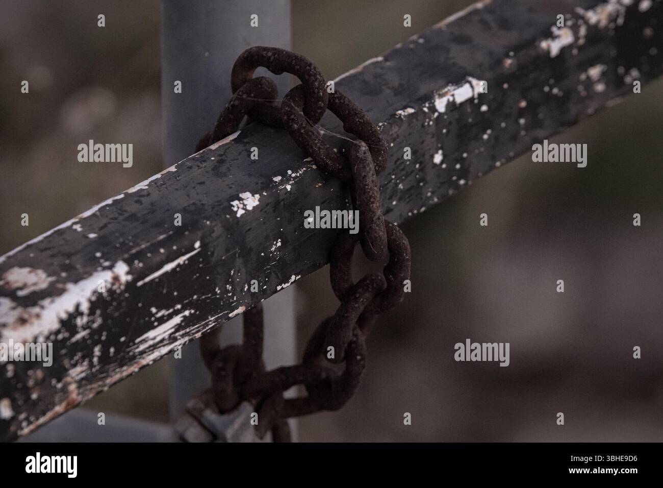 Ein rostiges, verlassenes Kettenglied auf einem abbrechenden Eisenzaun. Stockfoto