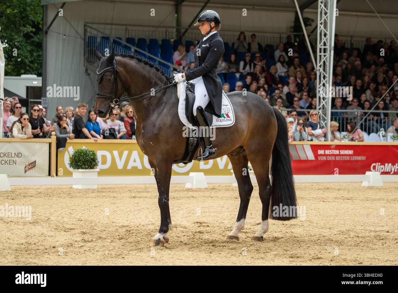 Biebricher Sclosspark, Deutschland. 09.06.2025: Longines Internationales Pfingstturnier Wiesbaden 2025, Biebricher Sclosspark, Deutschland Bild: Pferdesport vor historischem Hintergrund: Beim traditionellen Pfingstturnier Wiesbaden 2025 treten internationale Spitzenreiter in den Disziplinen Springen, Dressur, Event und Gewölbe im Schlosspark Biebrich an. Quelle: Robin Huth/Alamy Live News Stockfoto Biebricher Sclosspark, Deutschland. 09.06.2025: Longines Internationales Pfingstturnier Wiesbaden 2025, Biebricher Sclosspark, Deutschland Bild: Pferdesport vor historischem Hintergrund: Beim traditionellen Pfingstturnier Wiesbaden 2025 treten internationale Spitzenreiter in den Disziplinen Springen, Dressur, Event und Gewölbe im Schlosspark Biebrich an. Quelle: Robin Huth/Alamy Live News Stockfoto