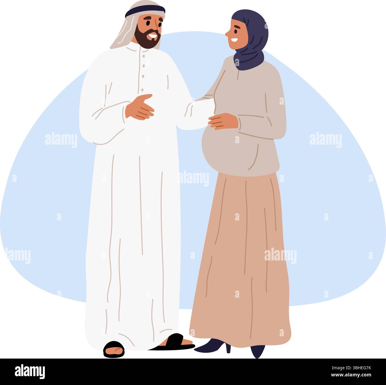 Schwangere Frau im Hijab. Mann in traditioneller muslimischer Kleidung umarmt Ehefrau. Saudische Familie erwartet Geburt. Schwangerschaft oder Elternschaft. Bauchmutter an Stock Vektor