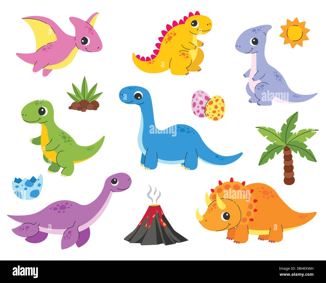 Süße Babydinosaurier. Marine, Raubtiere, pflanzenfressende und fliegende Dinosaurier, Dinosauriereier und Palmen. Vektorabbildung Stock Vektor