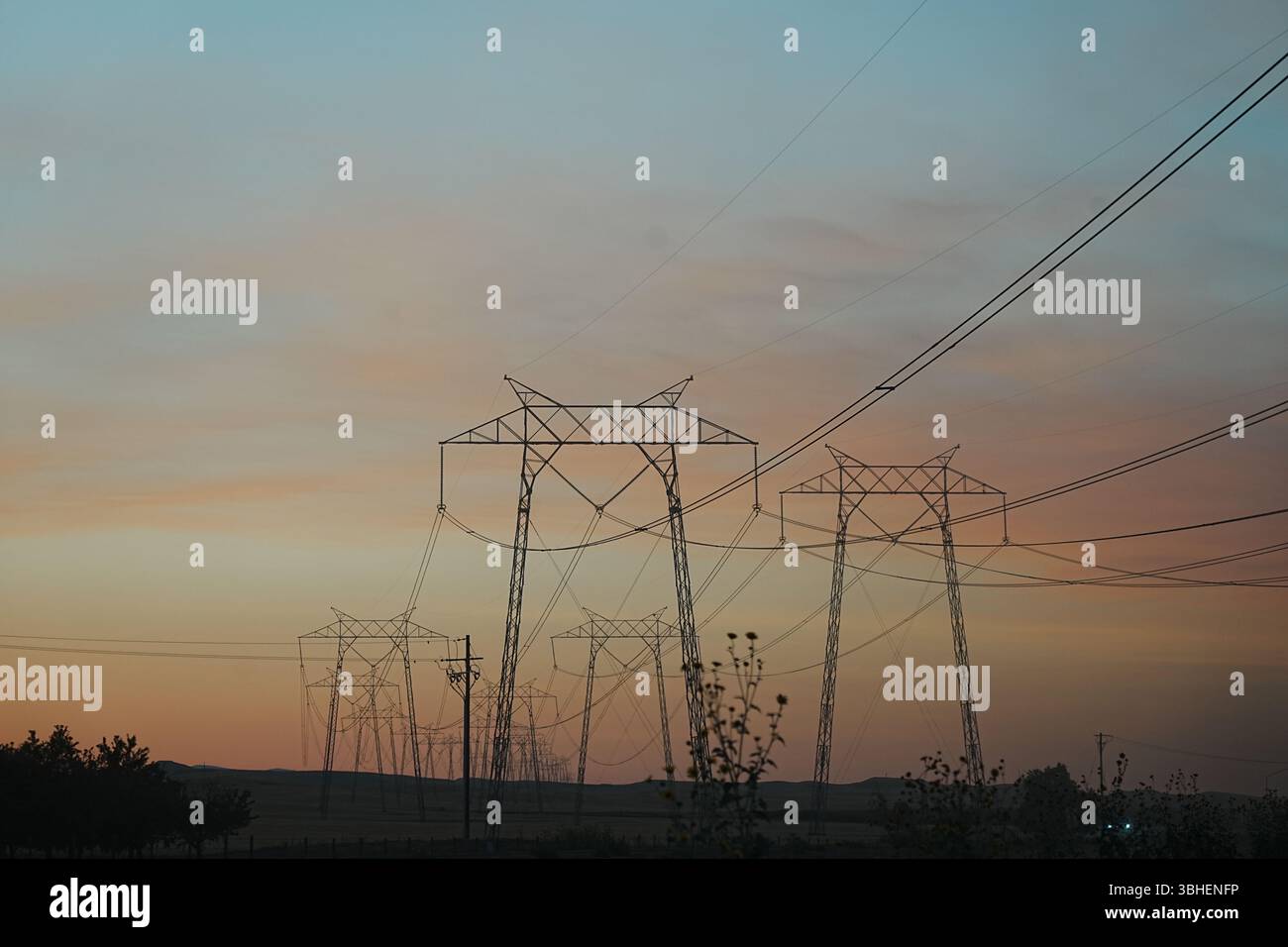 Blaue Stunde mit Stromleitungen Stockfoto