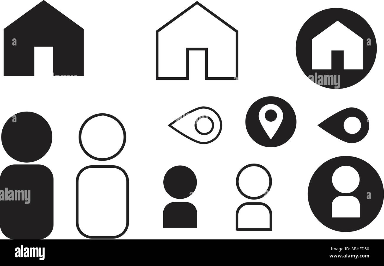 Minimalistische Vektorsymbole auf der Benutzeroberfläche mit Sammlung von Symbolen für Zuhause, Person, Auge und Ort Stock Vektor