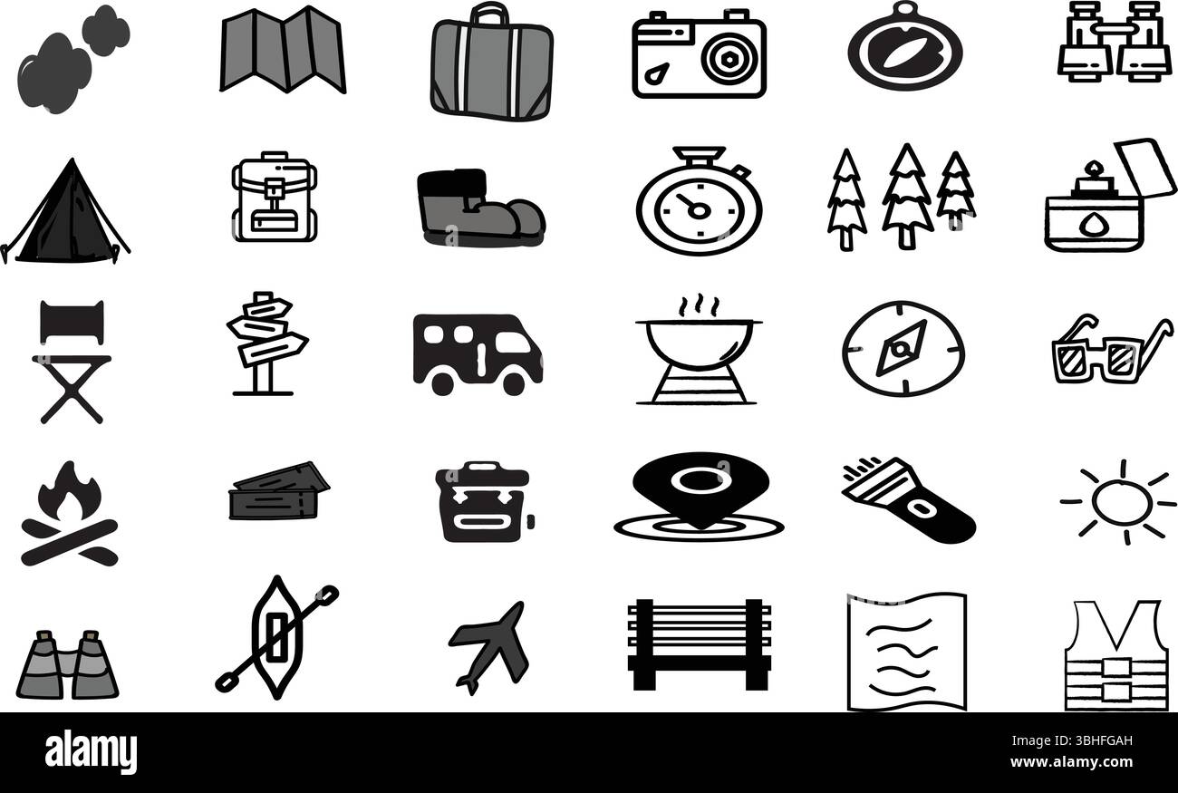 Camping und Outdoor Adventure Icon Set, Vektor-Glyph-Piktogramme, Wandern, Zelt, Rucksack, Wildnis-Erkundung Stock Vektor