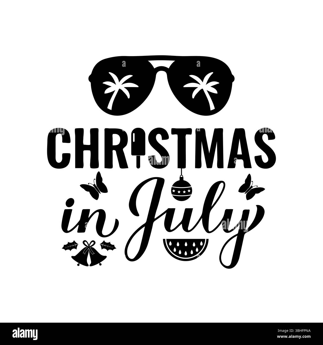 Weihnachten im Juli Kalligraphie Handschrift. Sommerangebot. Vektorvorlage für Typografie Poster, Banner, Aufkleber, Hemddesign usw. Stock Vektor