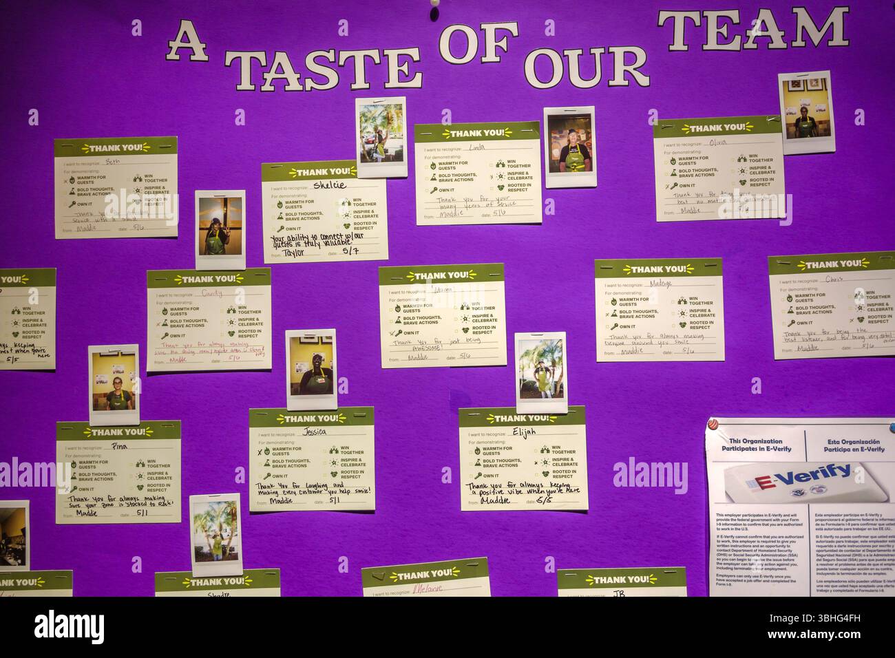 West Palm Beach Gardens Florida, Panera Bread Restaurant, Inneneinrichtung, Anerkennungstafel für Mitarbeiter, Ein Vorgeschmack auf unser Team Bulletin Wal Stockfoto