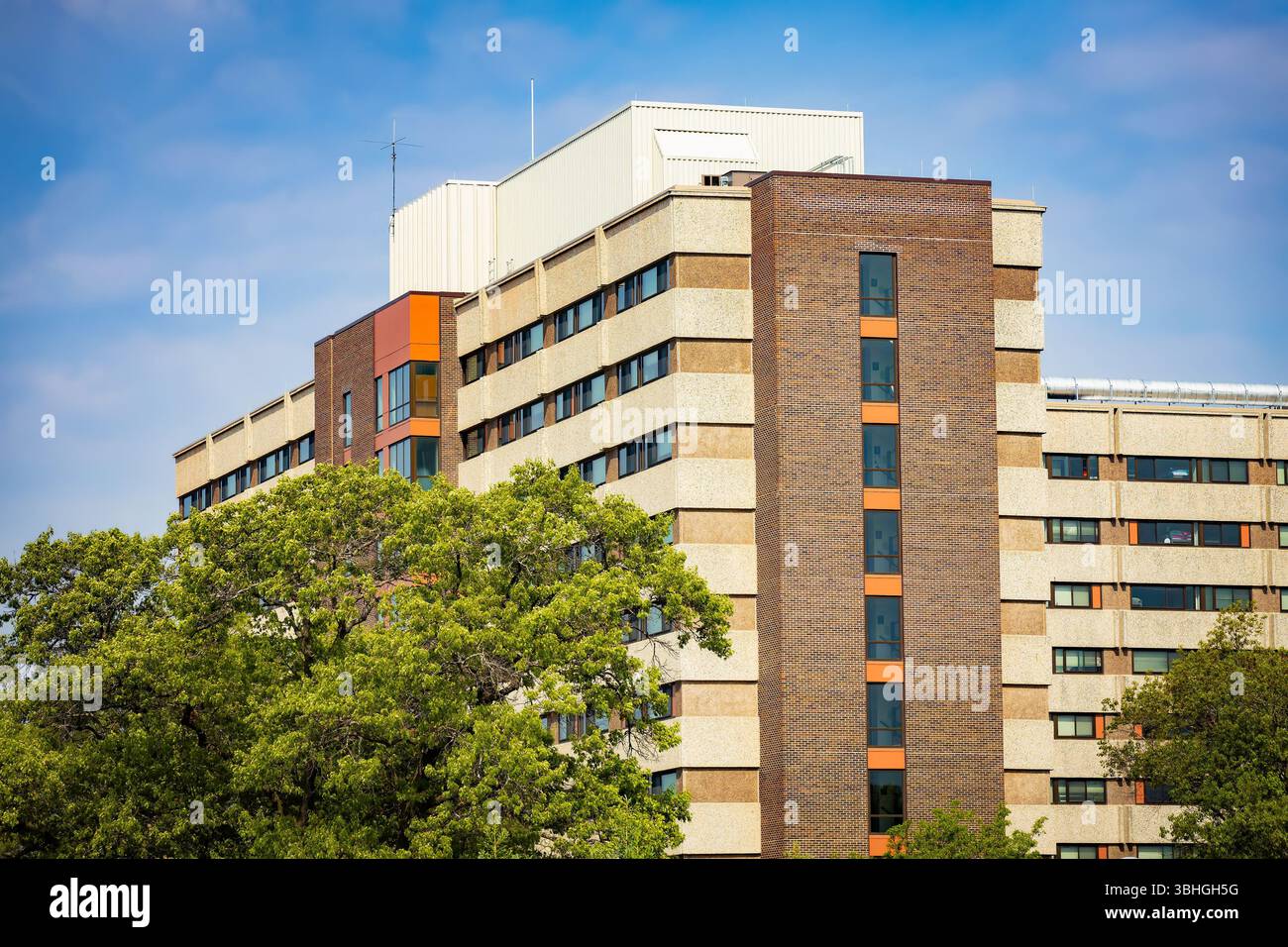 Sonniger Blick auf den Campus eines Studentenwohnheims an der University of Wisconsin Eau Claire, umgeben von grünen Rasenflächen und Bäumen. Stockfoto