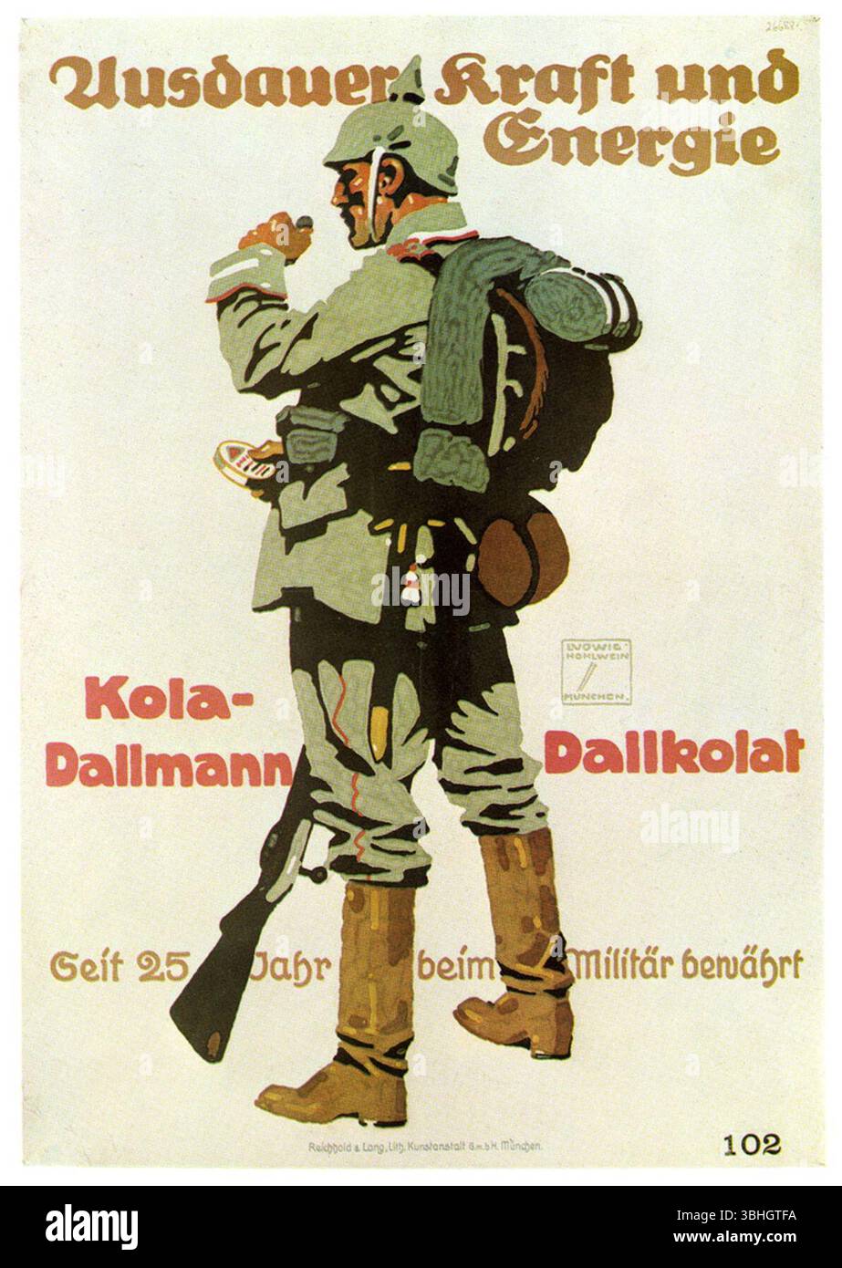 Kola-Dallmann Dallkolat, Werbung für ein hartes Bonbon, das dem Soldat ''langlebige Kraft und Energie'' Ludwig Hohlwein um 1916 verleiht. Stockfoto