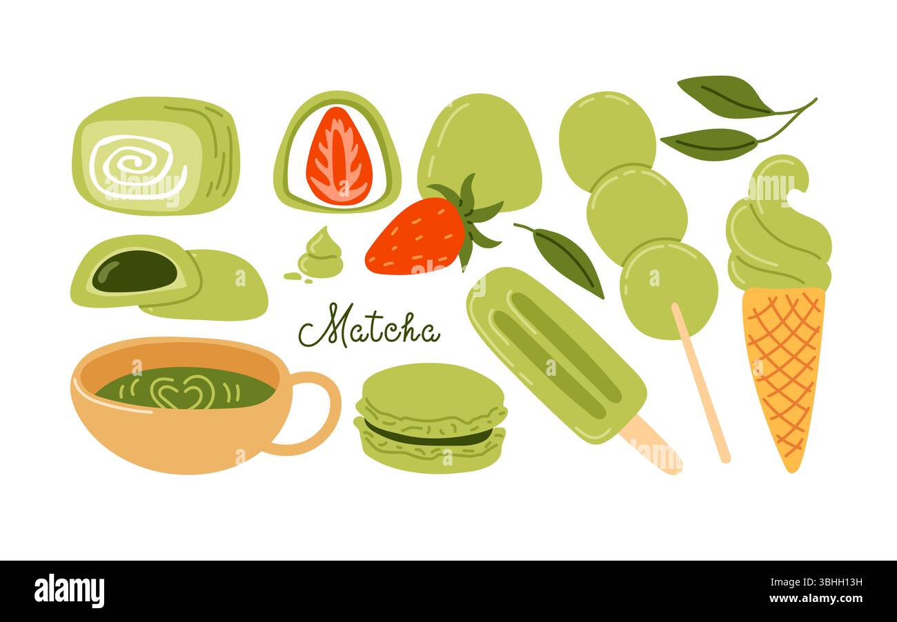 Bunte Matcha-Leckereien mit verschiedenen Desserts und Getränken auf weißem Hintergrund Stock Vektor