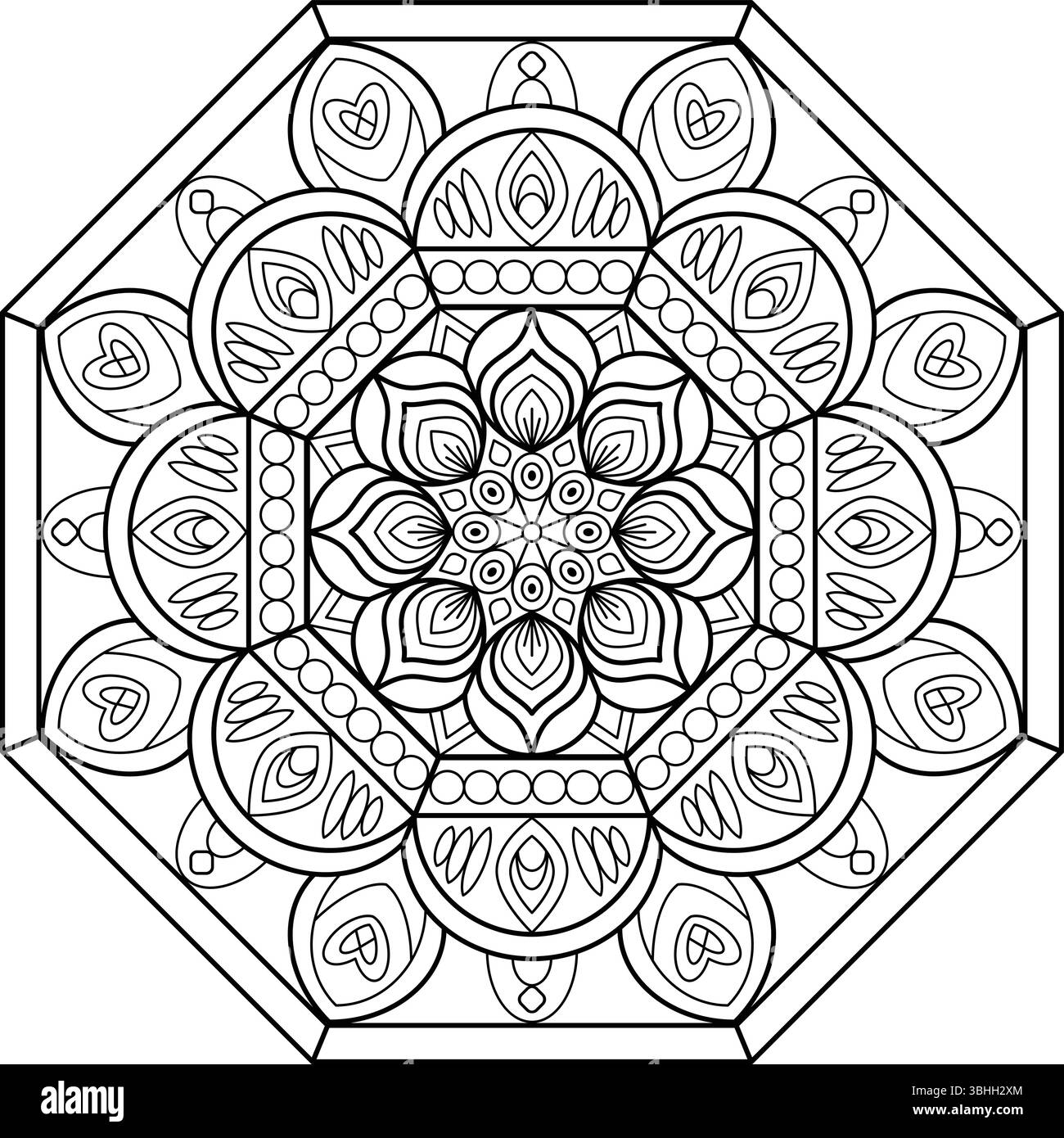 Kompliziertes schwarzes und weißes achteckiges Mandala. Perfekt zum Färben, Meditieren oder als dekoratives grafisches Element in verschiedenen Designprojekten. Stock Vektor