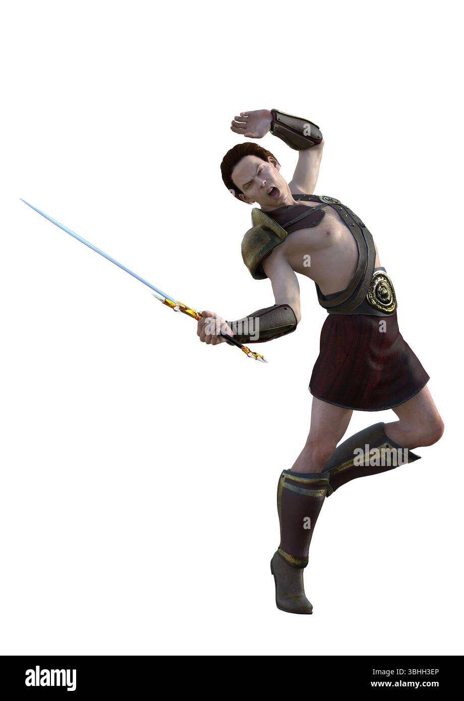 Abstraktes 3D-Rendering eines griechischen oder römischen Kriegers mit einem Schwert. Perfekt für Spiele, Fantasy-Projekte und Visualisierungen. Alte Spartankrieger oder Soldi Stockfoto