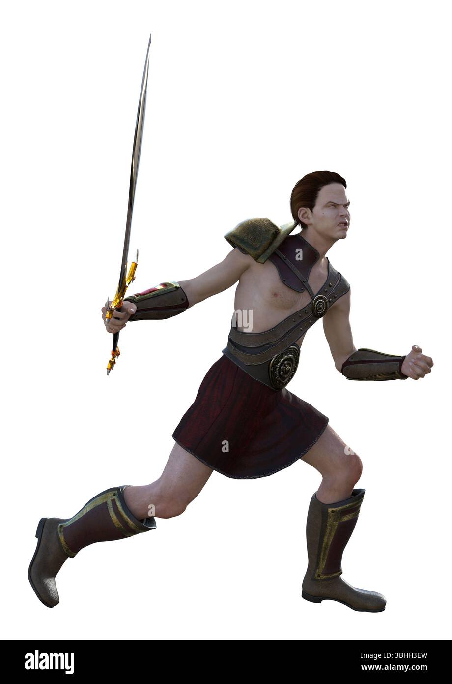 Abstraktes 3D-Rendering eines griechischen oder römischen Kriegers mit einem Schwert. Perfekt für Spiele, Fantasy-Projekte und Visualisierungen. Alte Spartankrieger oder Soldi Stockfoto