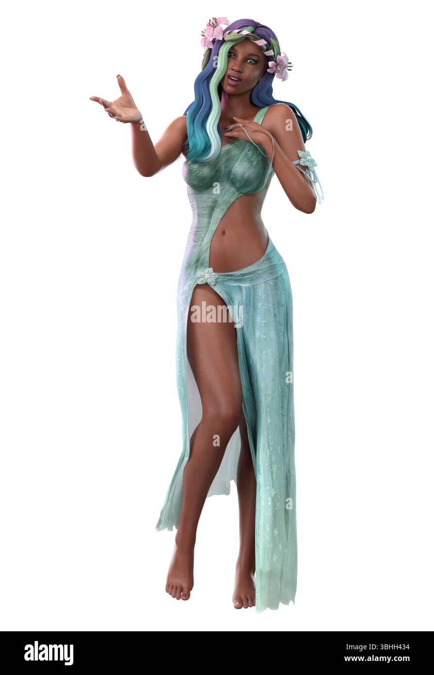 3D-gerenderte weibliche Figur mit leuchtendem Petrol und blauem Haar, verziert mit Lilienblüten, einem fließenden grünen Kleid mit Ausschnitten, das eine Fantasie ausstrahlt Stockfoto