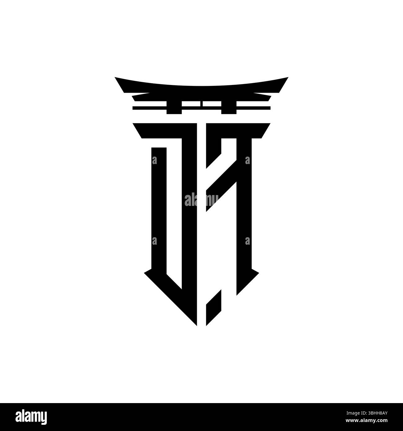 Initial-Monogramm mit geometrischem, modernem Torii Gate-Design im japanischen Stil auf isoliertem Hintergrund, minimalistisches geometrisches japanisches Logo. Stock Vektor