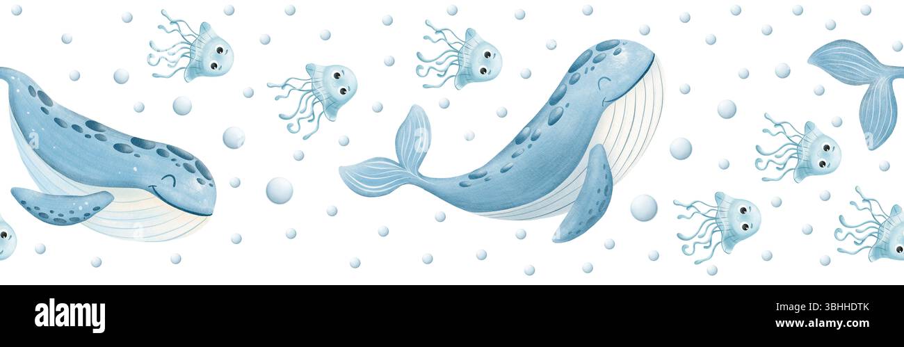 Nahtloses Aquarellbanner mit niedlichen Zeichentrickwalen und Quallen, die zwischen Wasserblasen schwimmen. Handgemalt in weichen, traumhaften Farben, perfekt für Kinder Stockfoto