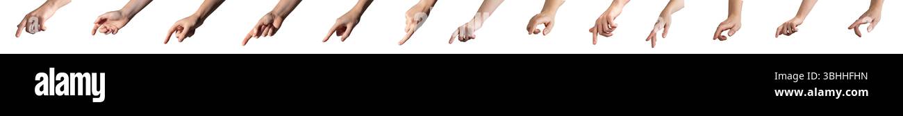 Hand mit einer sauberen Maniküre, mit einer zarten Fingergeste nach unten zeigen. Weiche, gepflegte Haut in einer natürlichen Haltung, die Interaktion und virtuelle sele repräsentiert Stockfoto