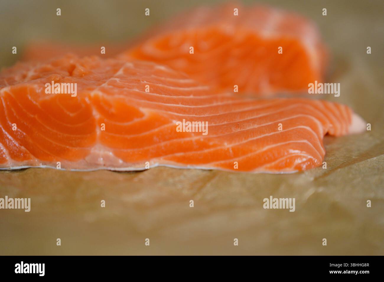 Frisches rohes Lachsfilet auf Pergamentpapier Stockfoto