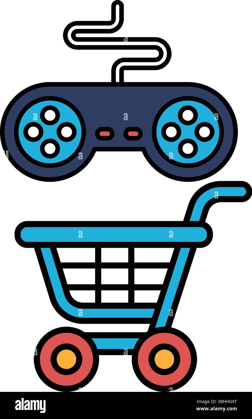 Ein blauer Einkaufswagen mit einem Videospiel-Controller darüber. Der Controller ist ein Nintendo Wii Game Controller Stock Vektor