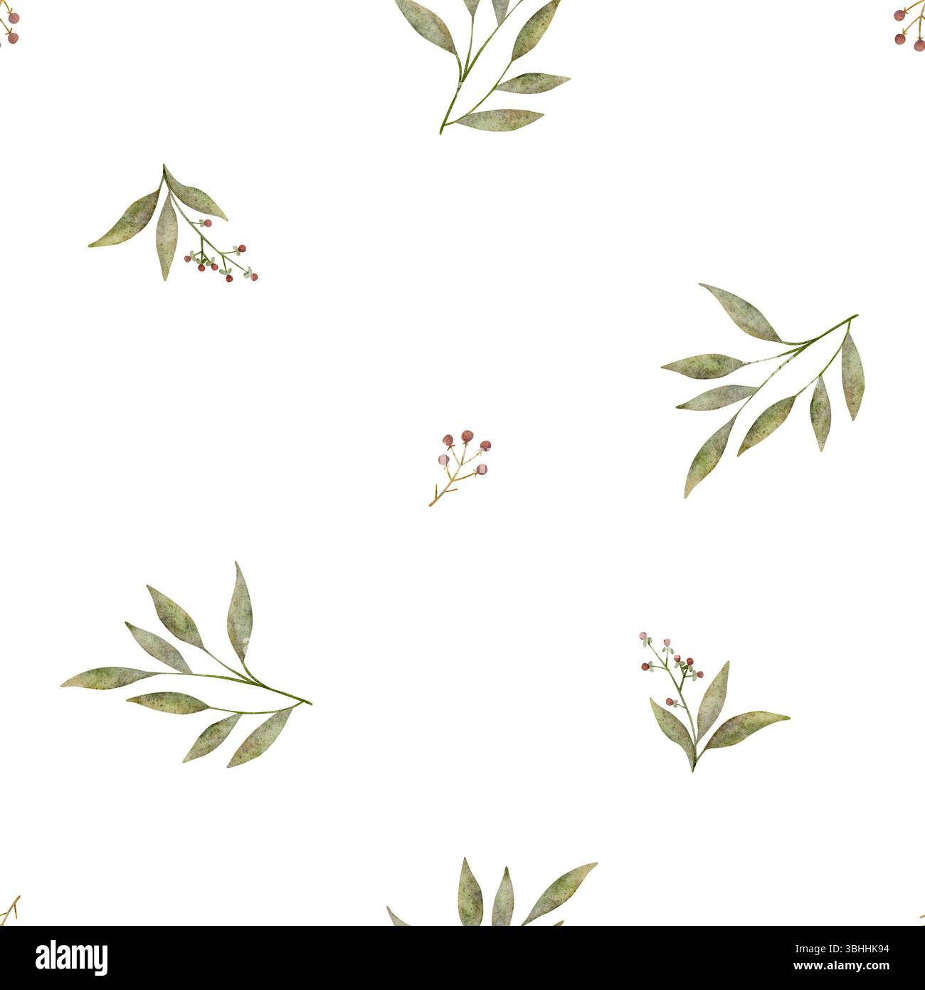 Muster Aquarellillustration grüne Blätter, Zweige, rote Beeren. Handgezeichnete Pflanzen im Vintage-Stil. Nahtloser Druck auf weißem Hintergrund für Stockfoto