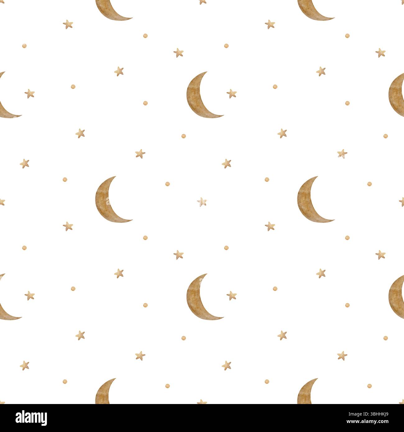 Beigefarbener Mond im Retro-Stil mit nahtlosem Muster zwischen braunen Sternen. Aquarellillustration handgezeichnet im Kinderstil, einfacher Druck auf weißem Hintergrund für Stockfoto