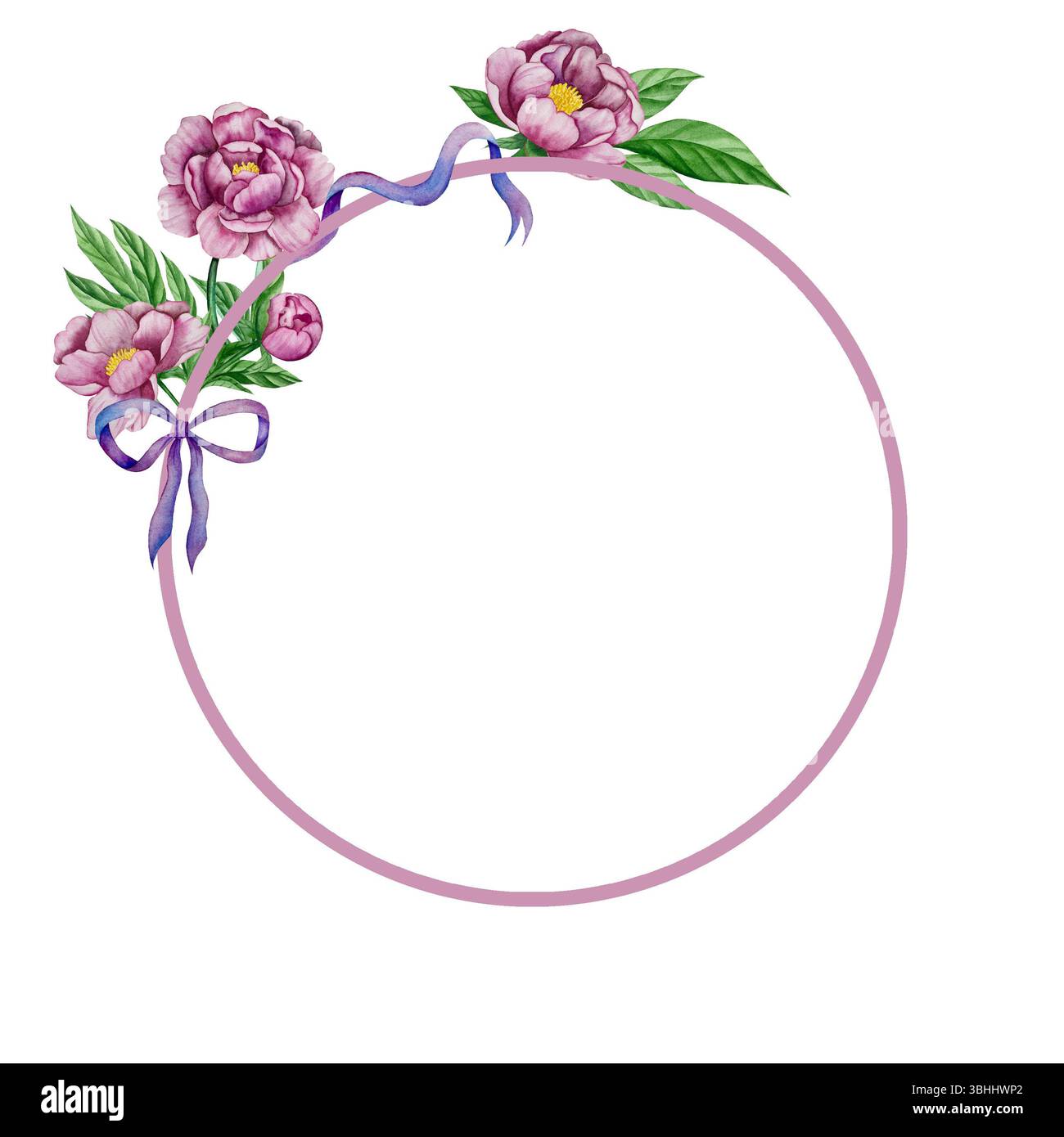 Rosa Gartenblumen isoliert auf weißem Hintergrund, Aquarellillustration. Pinkfarbener Blumenstrauß, burgunderrote Pfingstrosen. Lilafarbener Hortensien, Rahmen Stockfoto