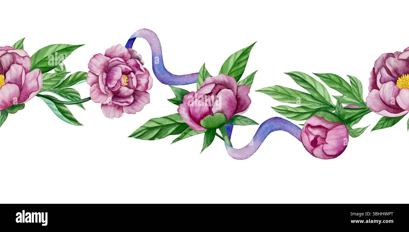 Rosa Gartenblumen isoliert auf weißem Hintergrund, Aquarellillustration. Pinkfarbener Blumenstrauß, burgunderrote Pfingstrosen. Lilafarbener Hortensien, Rahmen Stockfoto