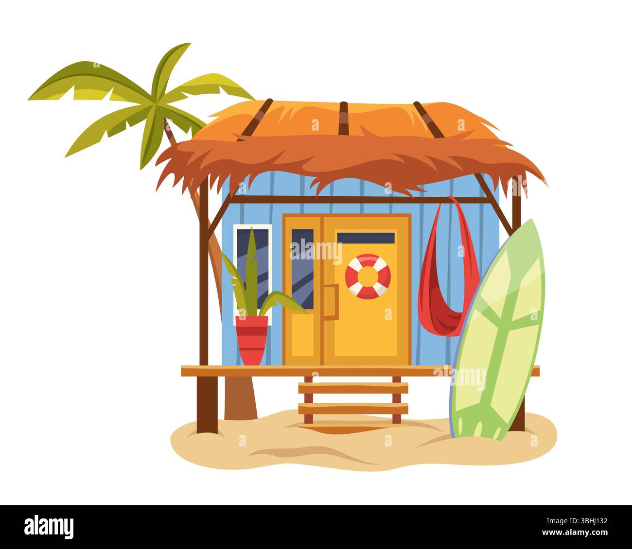 Meer oder Meer Strandhaus. Vektorbungalow am Meer. Inselküstenhütte mit Surfbrett. Badeurlaub Cabana mit Palmen. Außenarchitektur im Sommer an Land. Ferien- und Freizeitsommerhaus Stock Vektor