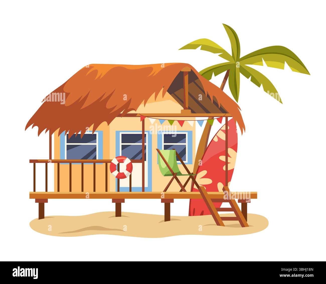 Vektorsommerliches Surferhaus oder Bungalow am Meer. Hölzerne Inselhütte für Surferurlaub. Zeichentricksymbol für den Lebensstil im Ozean oder Meer. Strandarchitektur im Freien. Surf-Cabana. Element der Küstenhütte. Stock Vektor